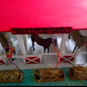 Handcrafted red and white Breyer wooden horse stable